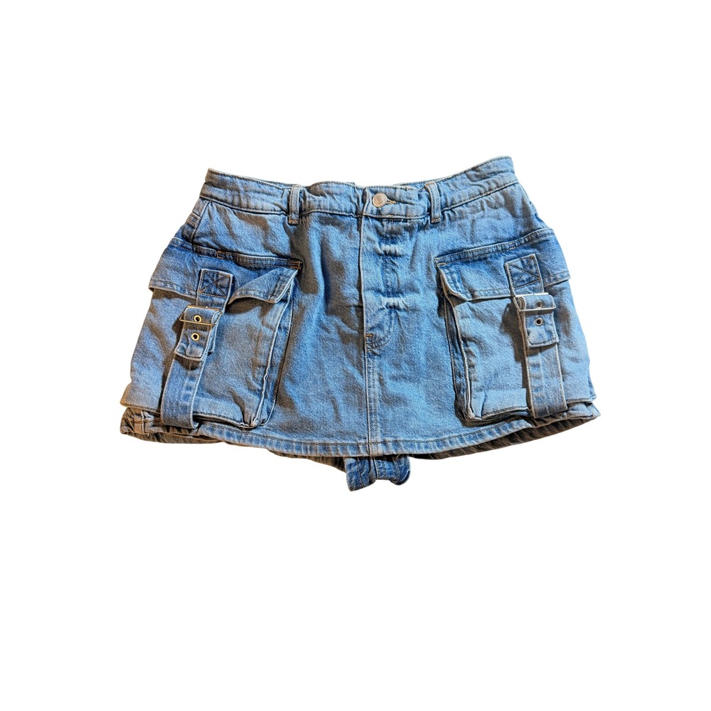 We The Free Denim Cargo Skort Women 30 Blue Light Wash Utility Mini Skirt